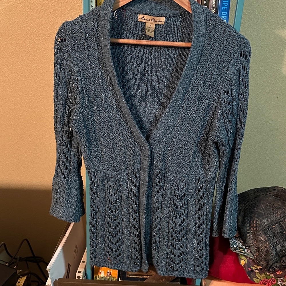 Marisa Christina Blue Knit Cardigan Vintage with Lace Details